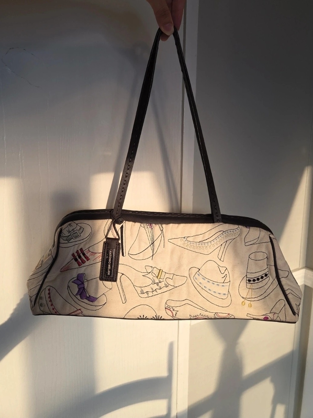 Anotnio Melani Beige Canvas Shoe Print Shoulder Bag